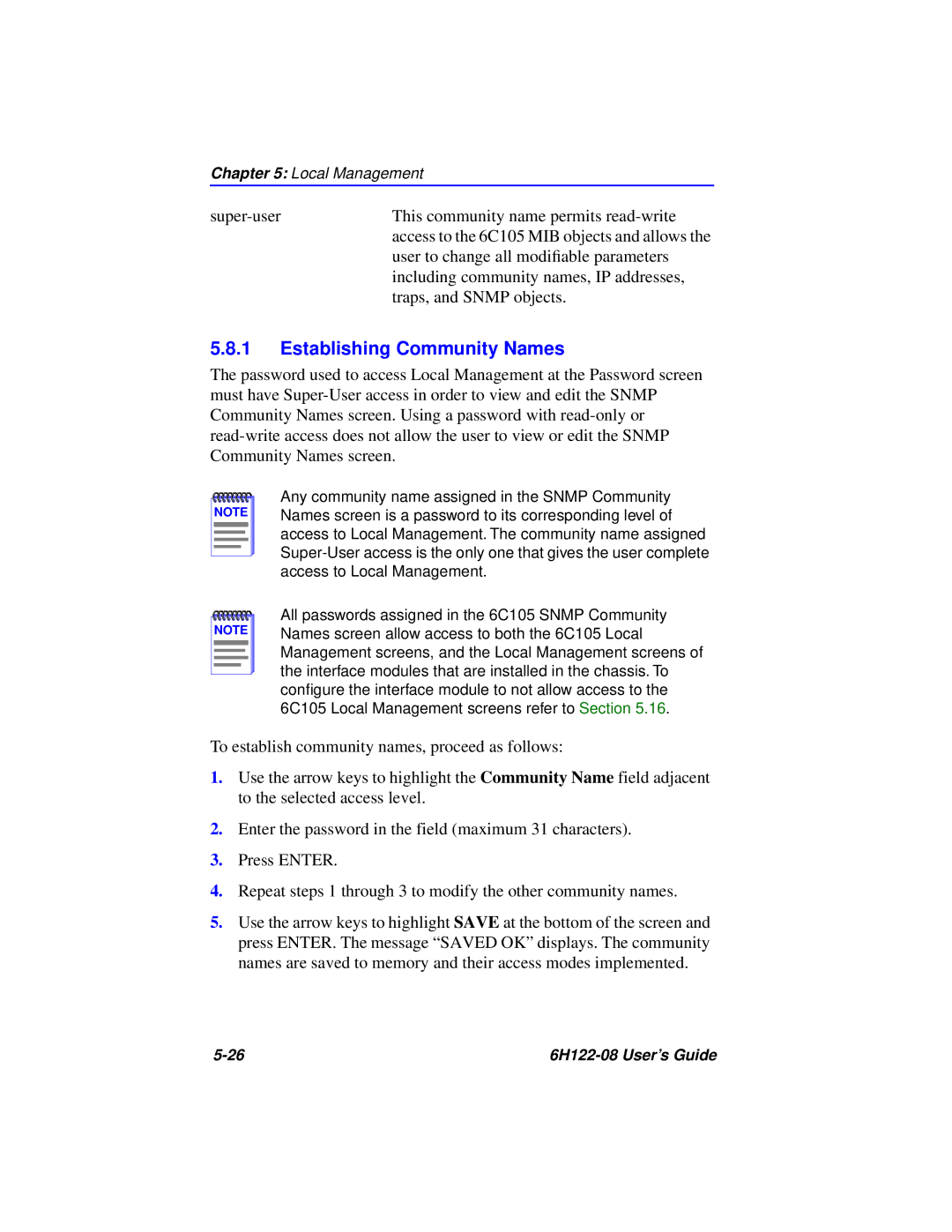 Cabletron Systems 6H122-08 manual Establishing Community Names 