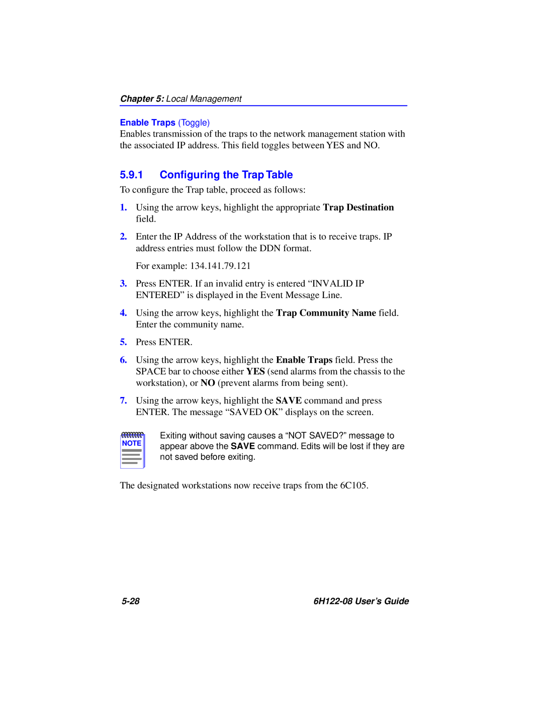 Cabletron Systems 6H122-08 manual 1 Conﬁguring the Trap Table 