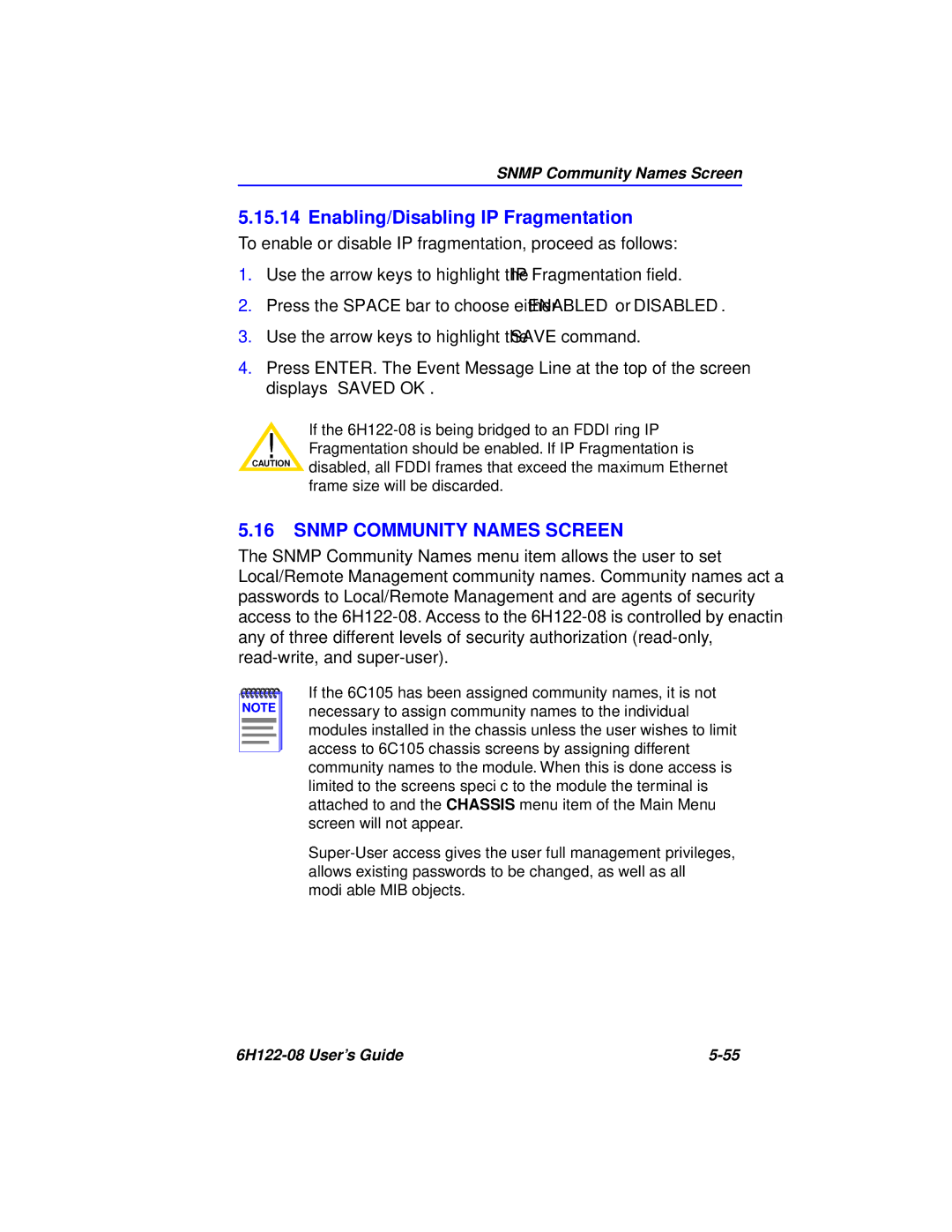 Cabletron Systems 6H122-08 manual Enabling/Disabling IP Fragmentation, Snmp Community Names Screen 