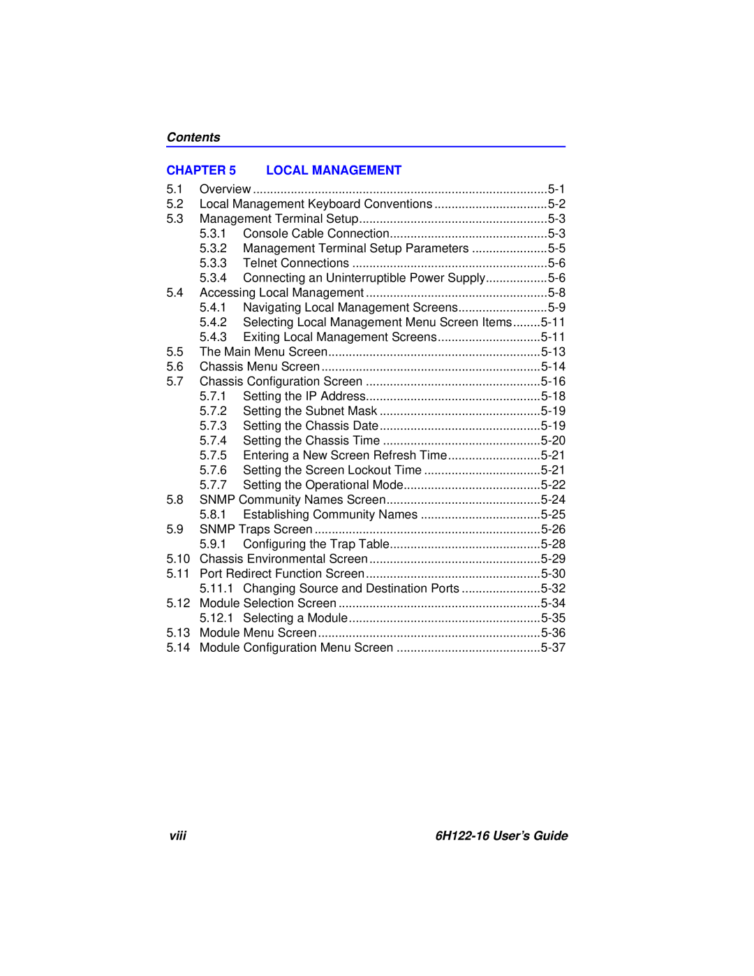 Cabletron Systems manual Contents, Chapter, Local Management, viii, 6H122-16 User’s Guide 