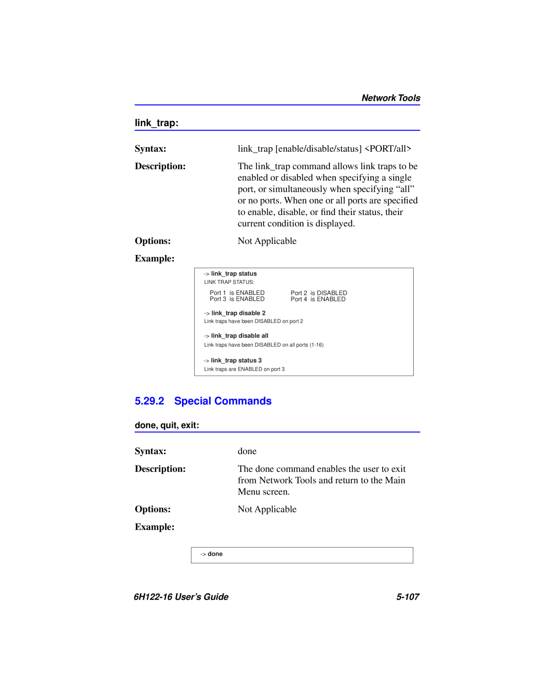 Cabletron Systems 6H122-16 manual Special Commands, linktrap, Syntax, Description, Options, Example 