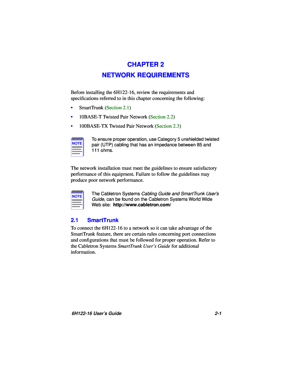 Cabletron Systems 6H122-16 manual Chapter Network Requirements, SmartTrunk 