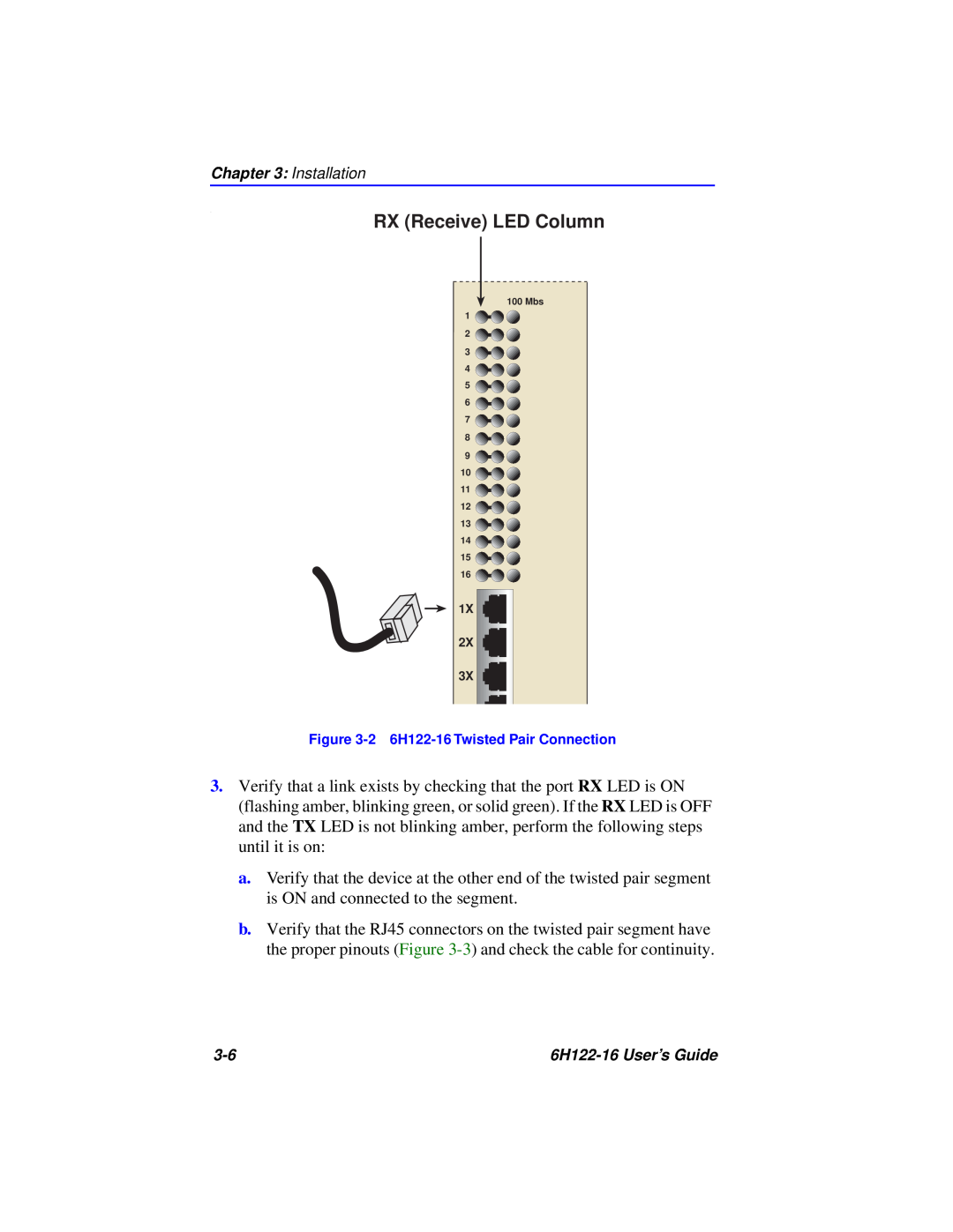 Cabletron Systems manual RX Receive LED Column, 2 6H122-16 Twisted Pair Connection 