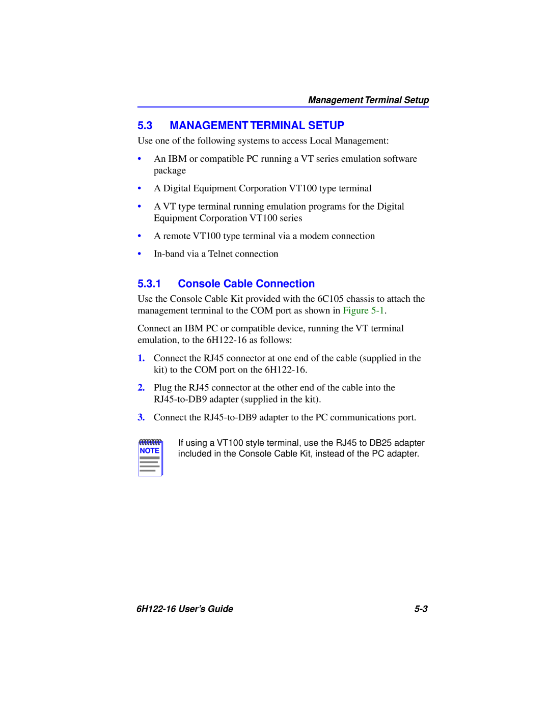 Cabletron Systems 6H122-16 manual Management Terminal Setup, Console Cable Connection 