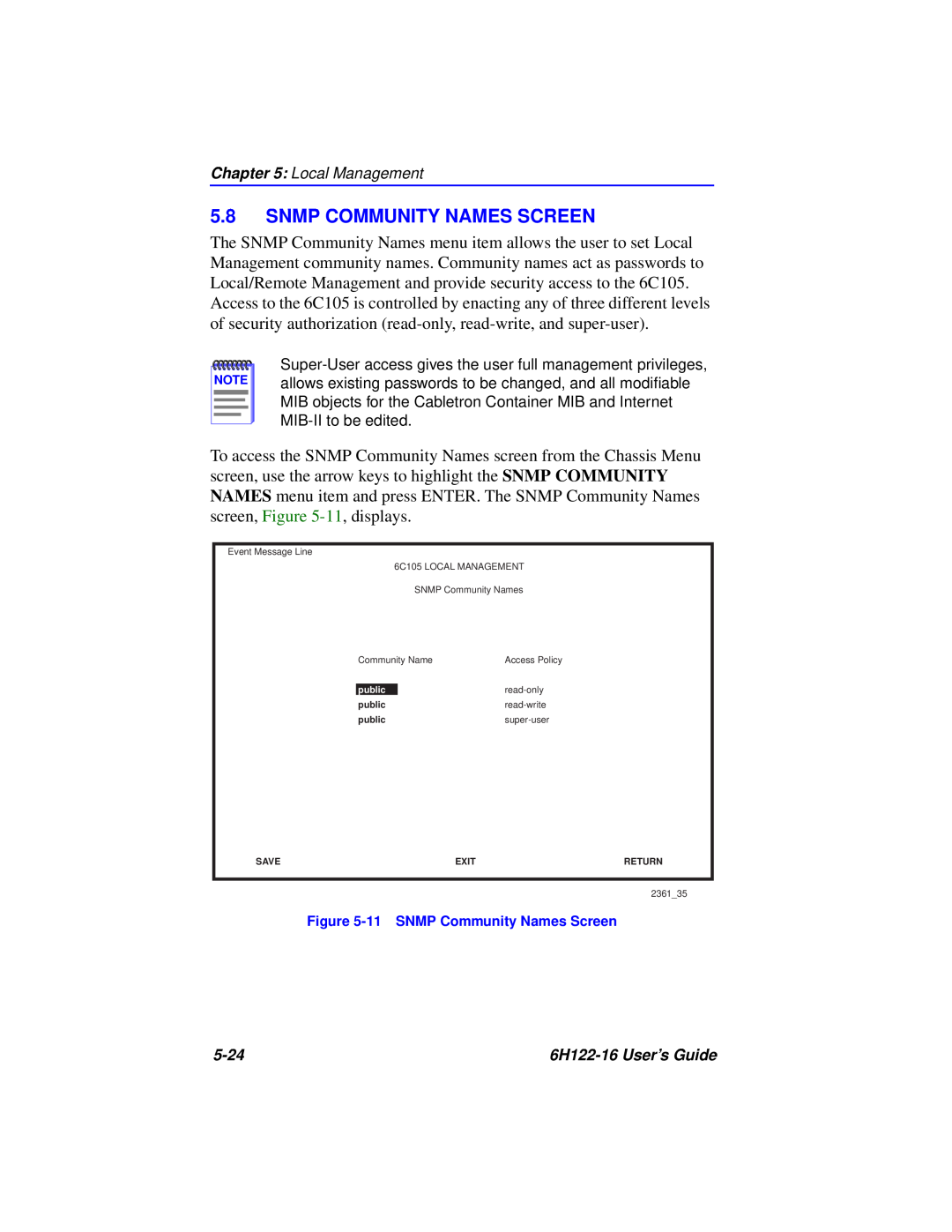 Cabletron Systems 6H122-16 manual Snmp Community Names Screen, 11 SNMP Community Names Screen 