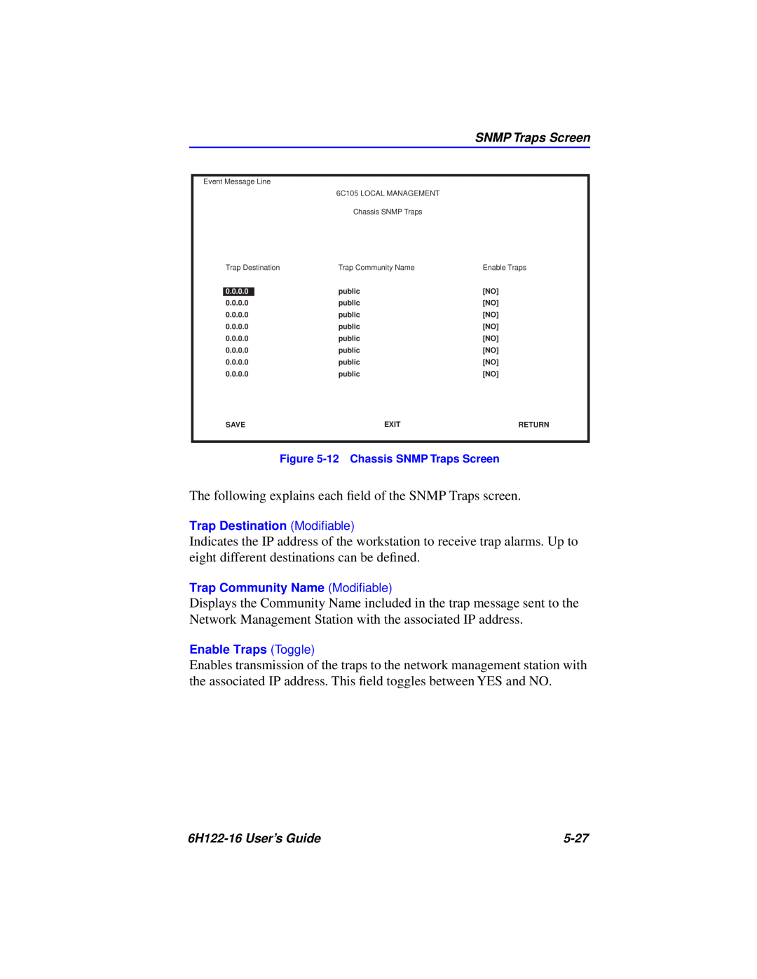 Cabletron Systems 6H122-16 manual The following explains each ﬁeld of the SNMP Traps screen 