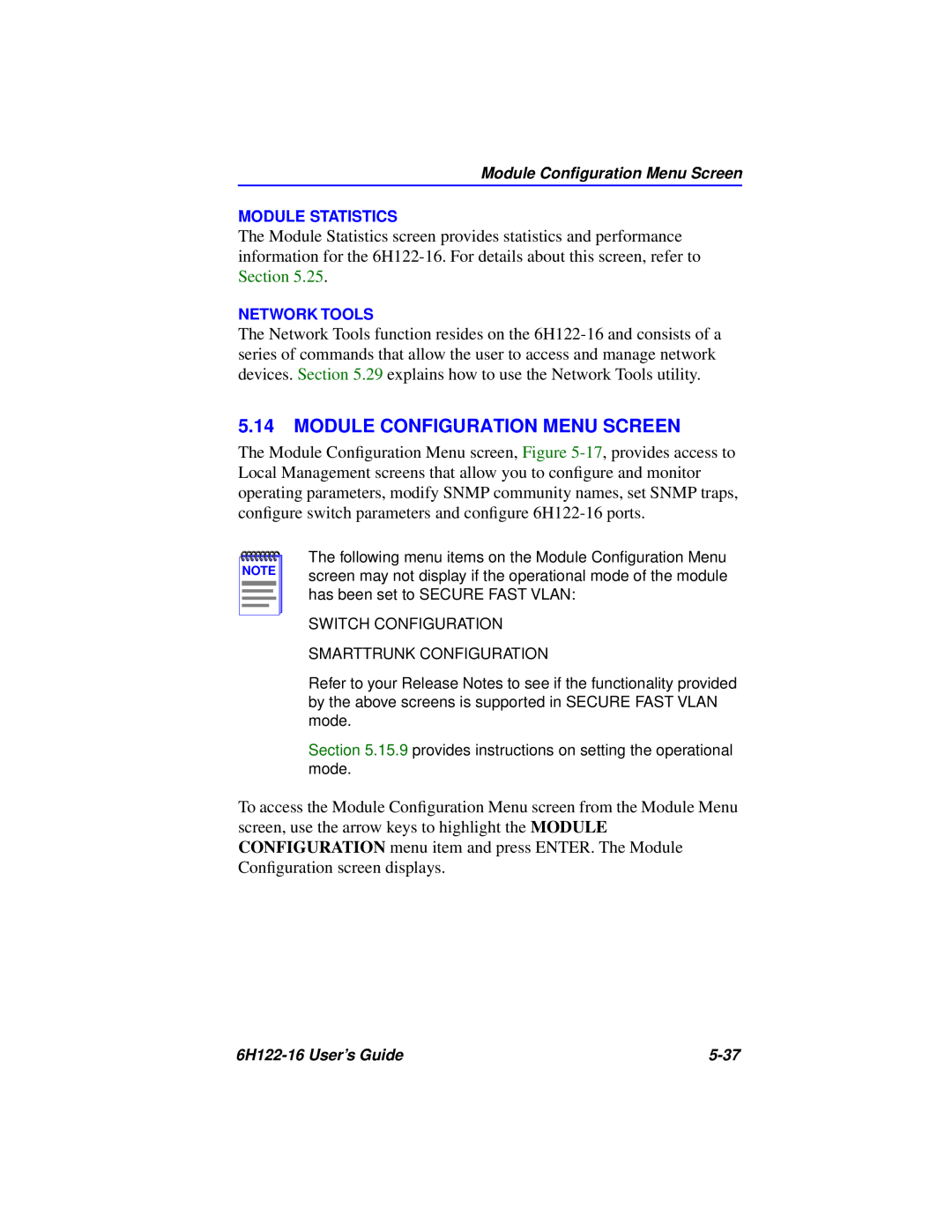 Cabletron Systems 6H122-16 manual Module Configuration Menu Screen, Module Statistics, Network Tools 