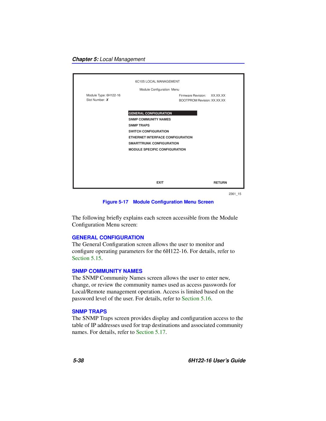 Cabletron Systems 6H122-16 manual 17 Module Conﬁguration Menu Screen, General Configuration 