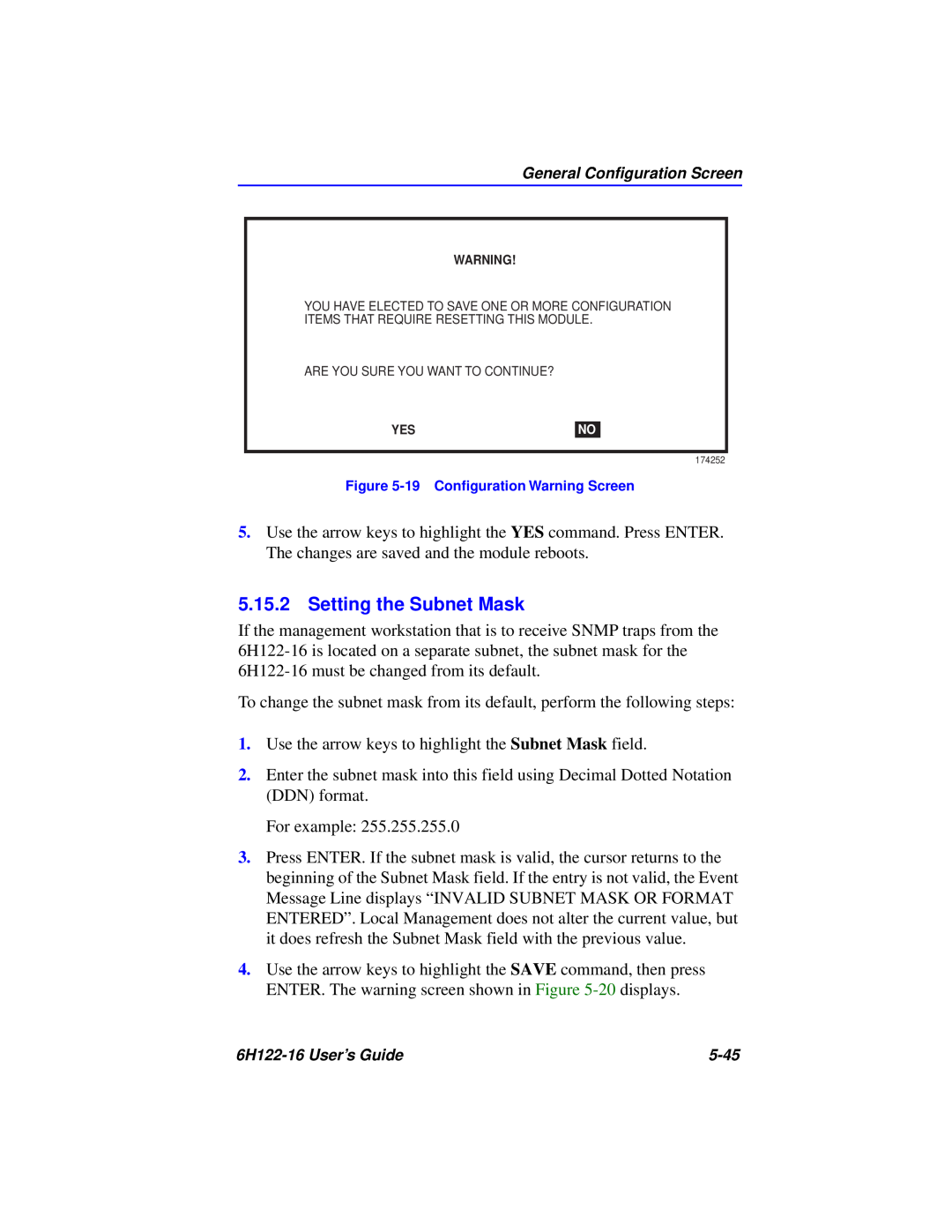 Cabletron Systems 6H122-16 manual Setting the Subnet Mask, 19 Conﬁguration Warning Screen 