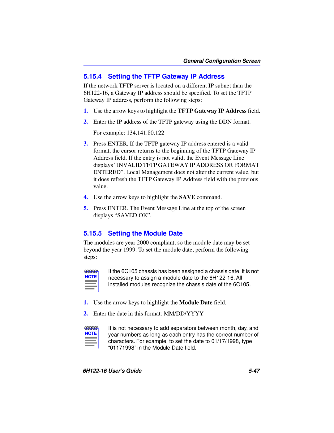Cabletron Systems 6H122-16 manual Setting the TFTP Gateway IP Address, Setting the Module Date 