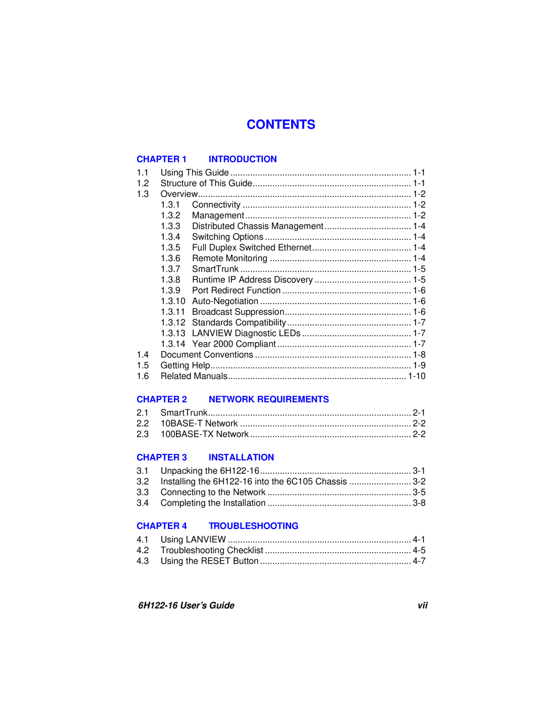 Cabletron Systems 6H122-16 manual Contents, Chapter, Introduction, Network Requirements, Installation, Troubleshooting 