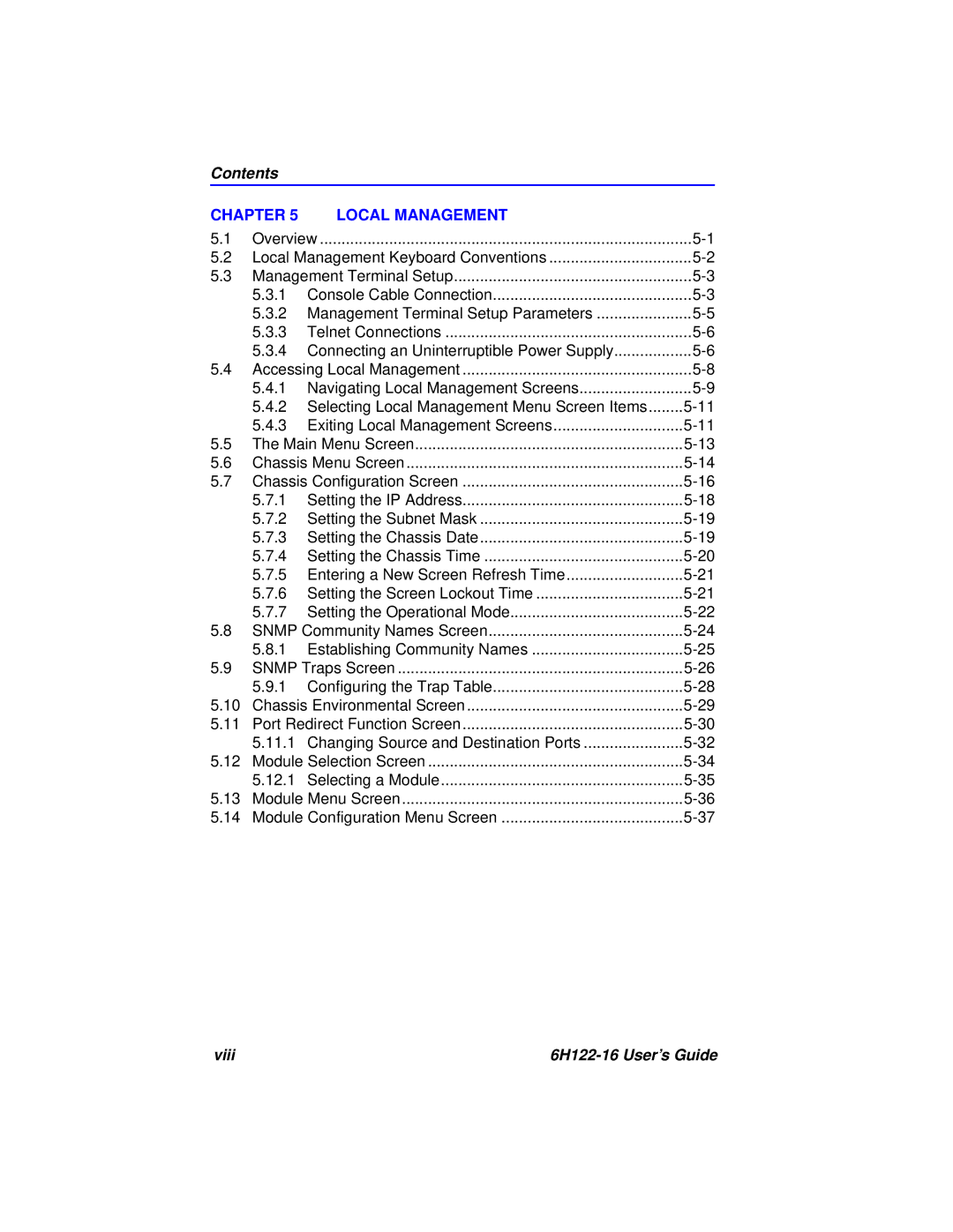 Cabletron Systems manual Contents, Viii 6H122-16 User’s Guide 