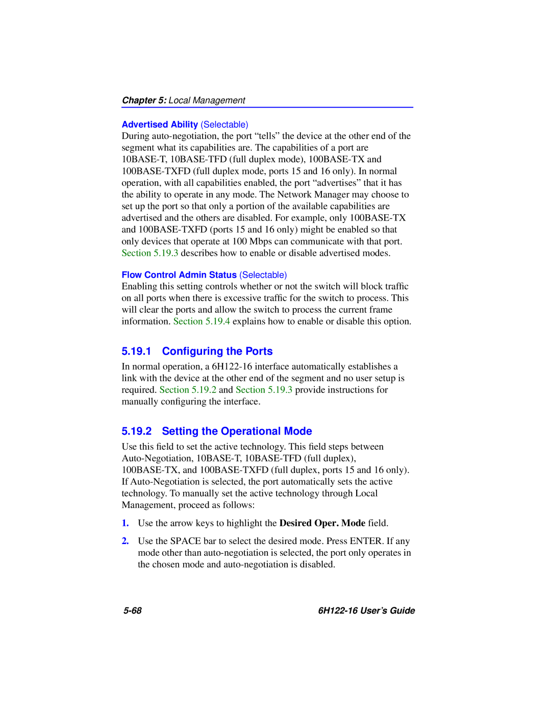 Cabletron Systems 6H122-16 manual 19.1 Conﬁguring the Ports, Setting the Operational Mode 