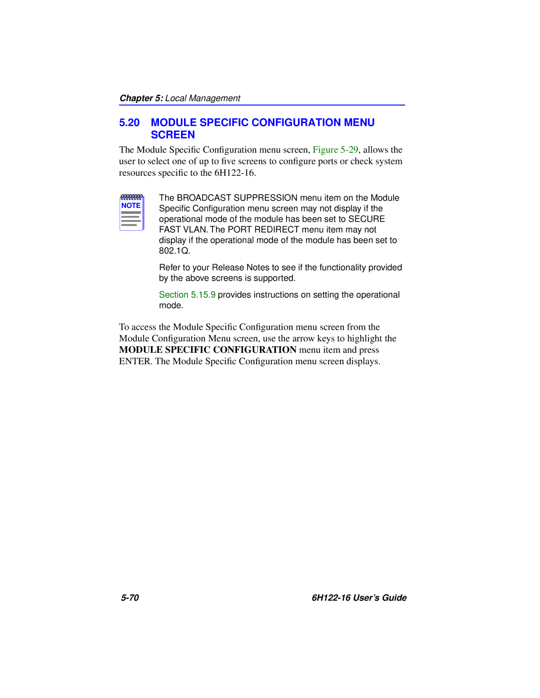 Cabletron Systems 6H122-16 manual Module Specific Configuration Menu Screen 