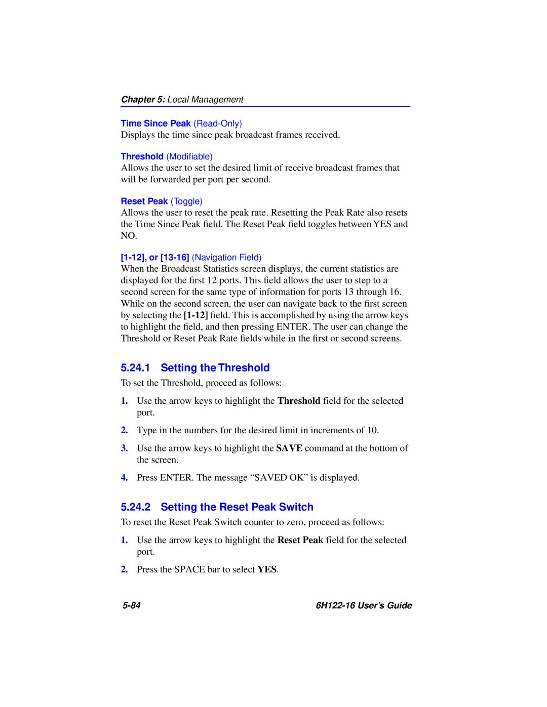 Cabletron Systems 6H122-16 manual Setting the Threshold, Setting the Reset Peak Switch 