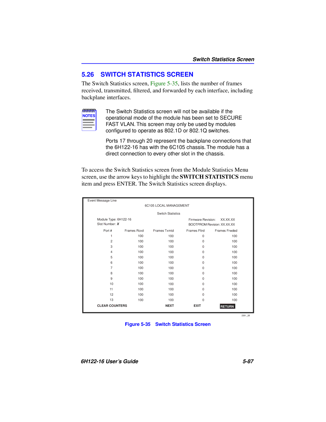 Cabletron Systems 6H122-16 manual Switch Statistics Screen 