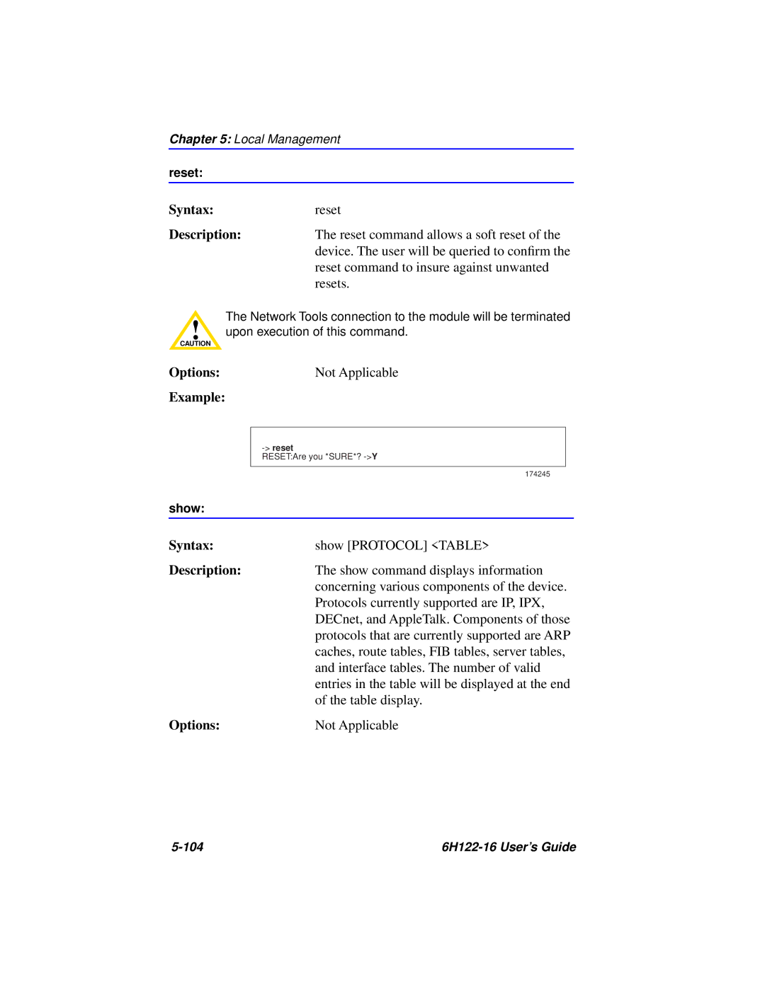 Cabletron Systems manual Syntaxreset, 104 6H122-16 User’s Guide 