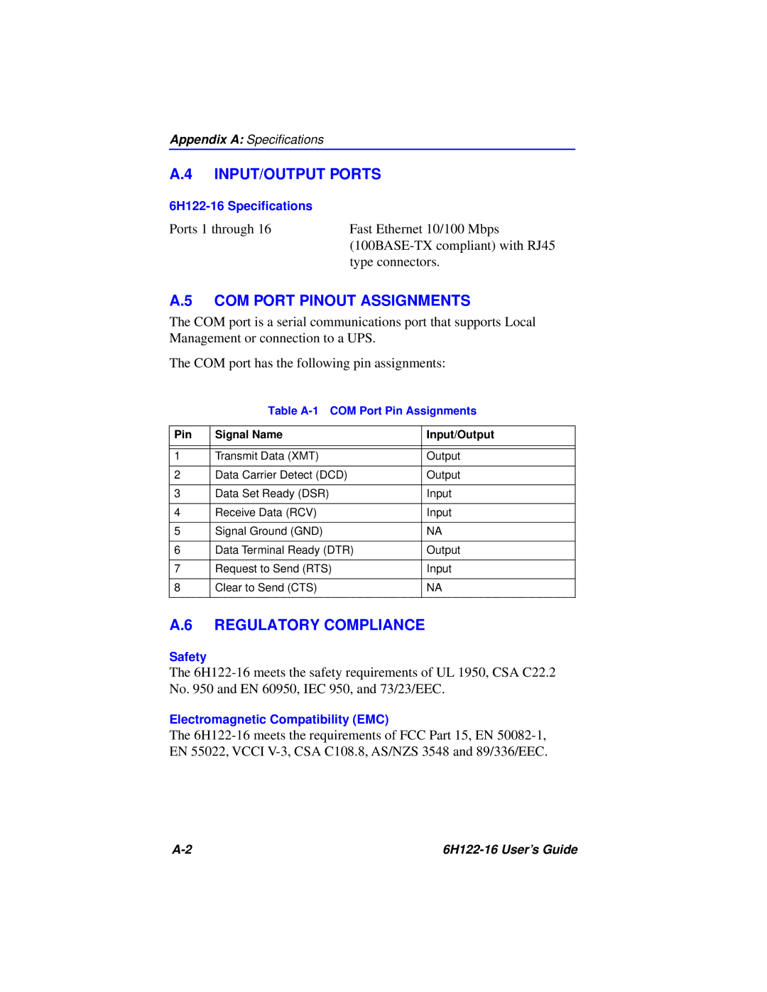 Cabletron Systems 6H122-16 manual INPUT/OUTPUT Ports, COM Port Pinout Assignments, Regulatory Compliance 