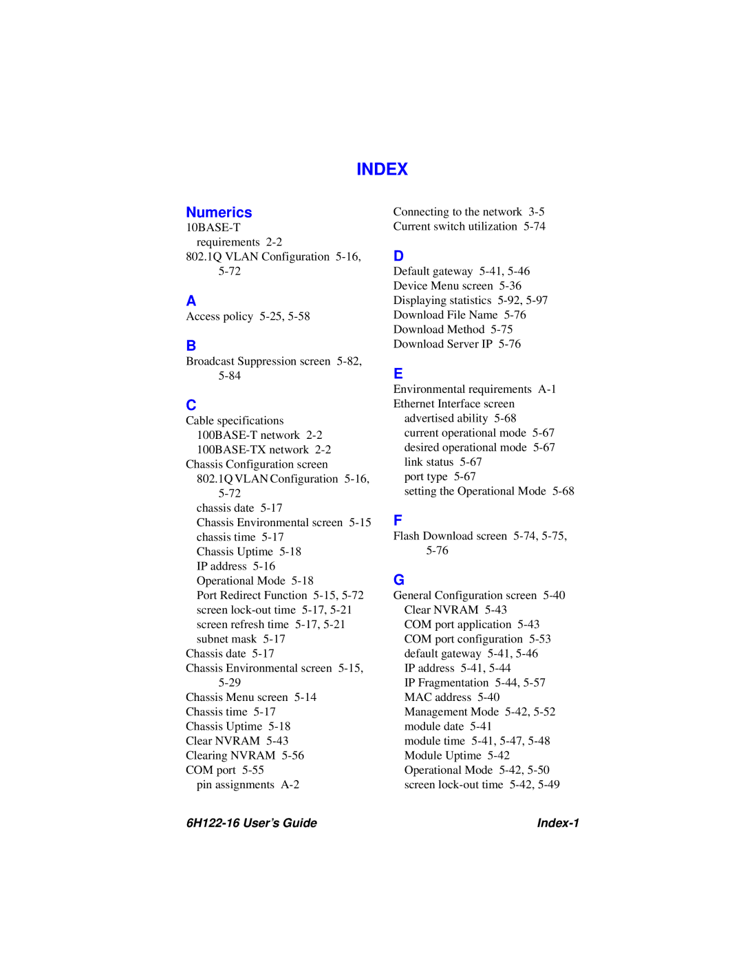 Cabletron Systems manual Numerics, 6H122-16 User’s Guide Index-1 