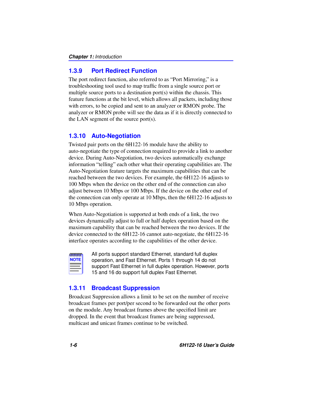 Cabletron Systems 6H122-16 manual Port Redirect Function, Auto-Negotiation, Broadcast Suppression 