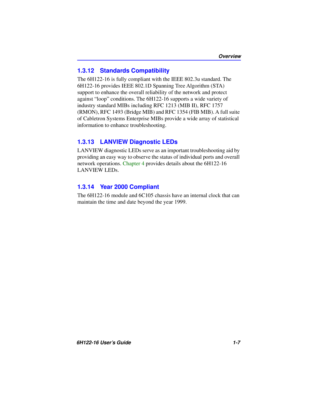 Cabletron Systems 6H122-16 manual Standards Compatibility, Lanview Diagnostic LEDs, Year 2000 Compliant 