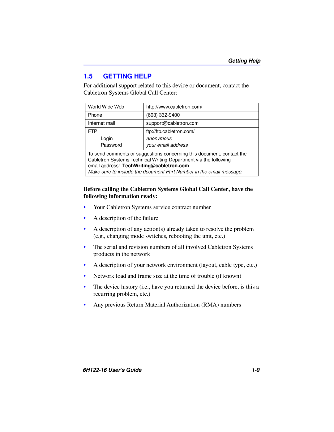 Cabletron Systems 6H122-16 manual Getting Help 