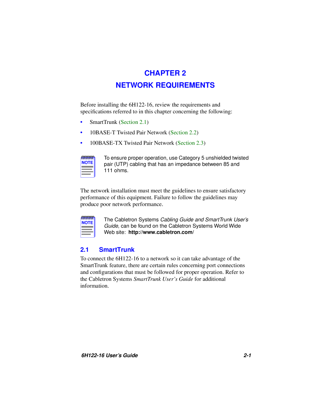 Cabletron Systems 6H122-16 manual Chapter Network Requirements 