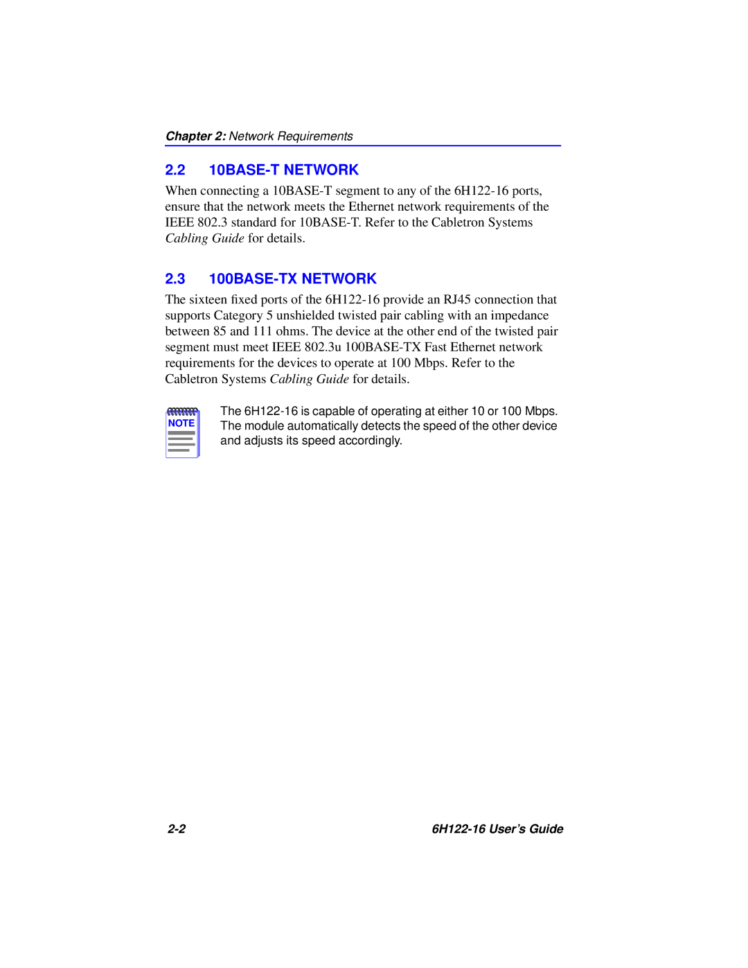 Cabletron Systems 6H122-16 manual 10BASE-T Network, 100BASE-TX Network 