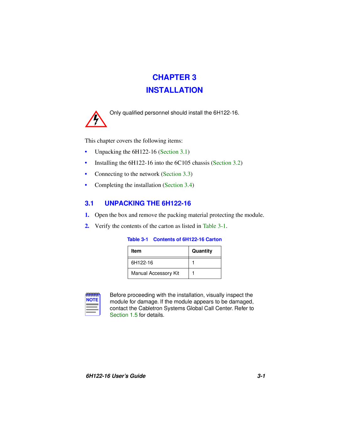 Cabletron Systems manual Chapter Installation, Unpacking the 6H122-16 