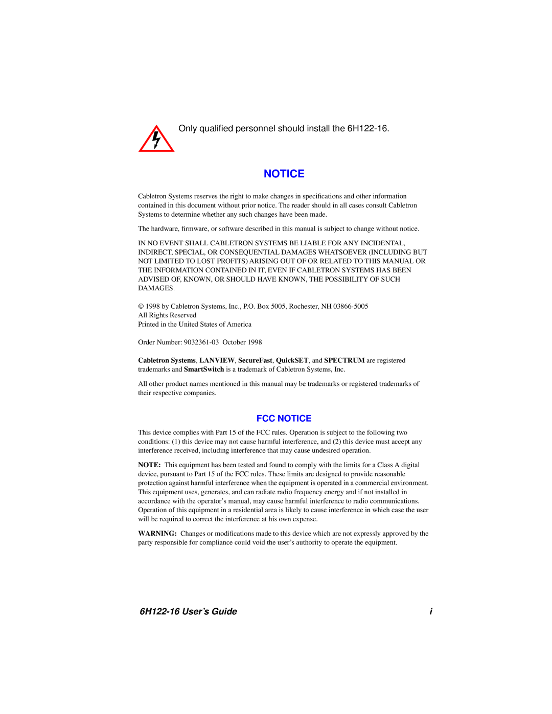 Cabletron Systems manual Only qualiﬁed personnel should install the 6H122-16, 6H122-16 User’s Guide 