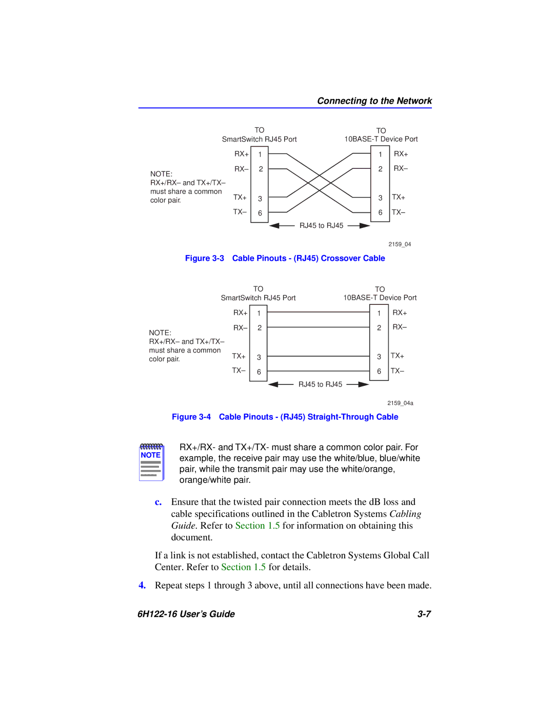 Cabletron Systems 6H122-16 manual Cable Pinouts RJ45 Crossover Cable 