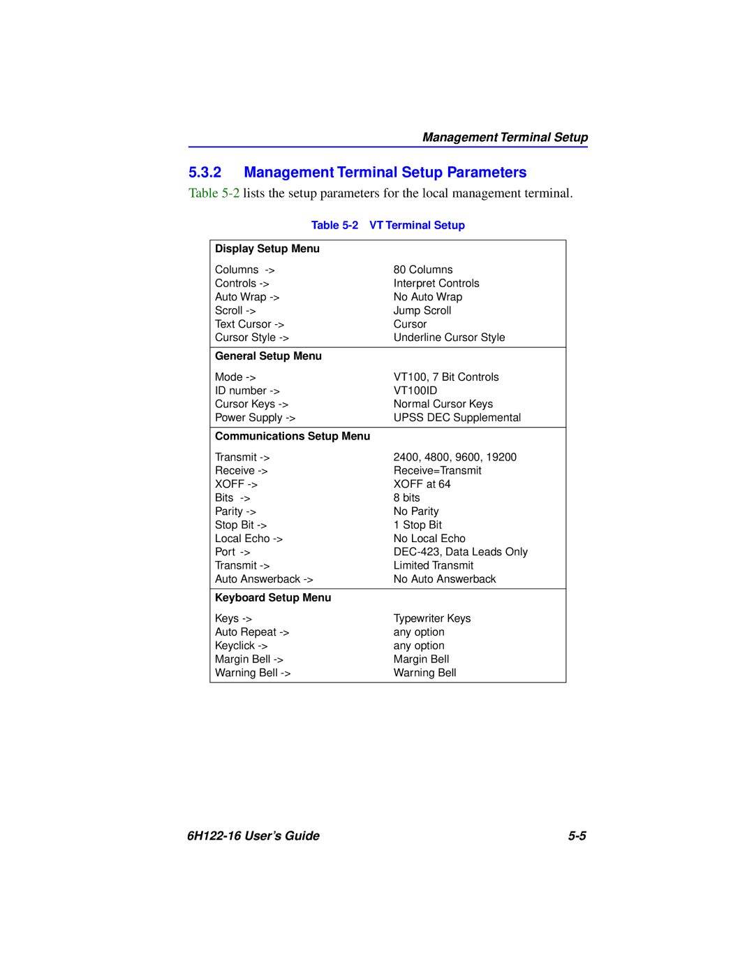 Cabletron Systems 6H122-16 manual Management Terminal Setup Parameters, VT Terminal Setup 