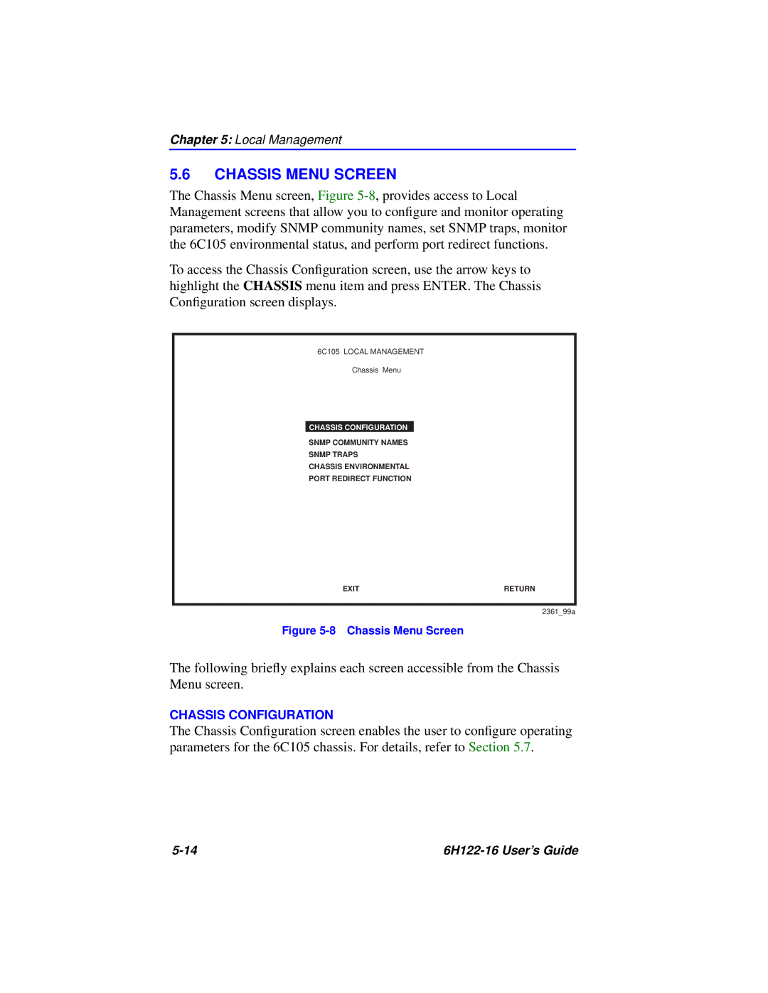 Cabletron Systems 6H122-16 manual Chassis Menu Screen, Chassis Configuration 