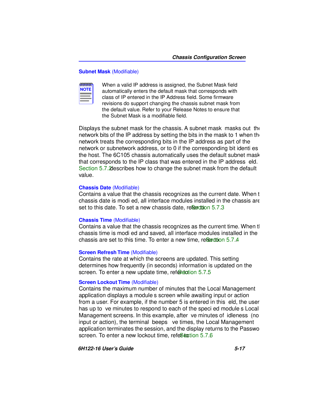 Cabletron Systems 6H122-16 manual Chassis Conﬁguration Screen, Subnet Mask Modiﬁable 