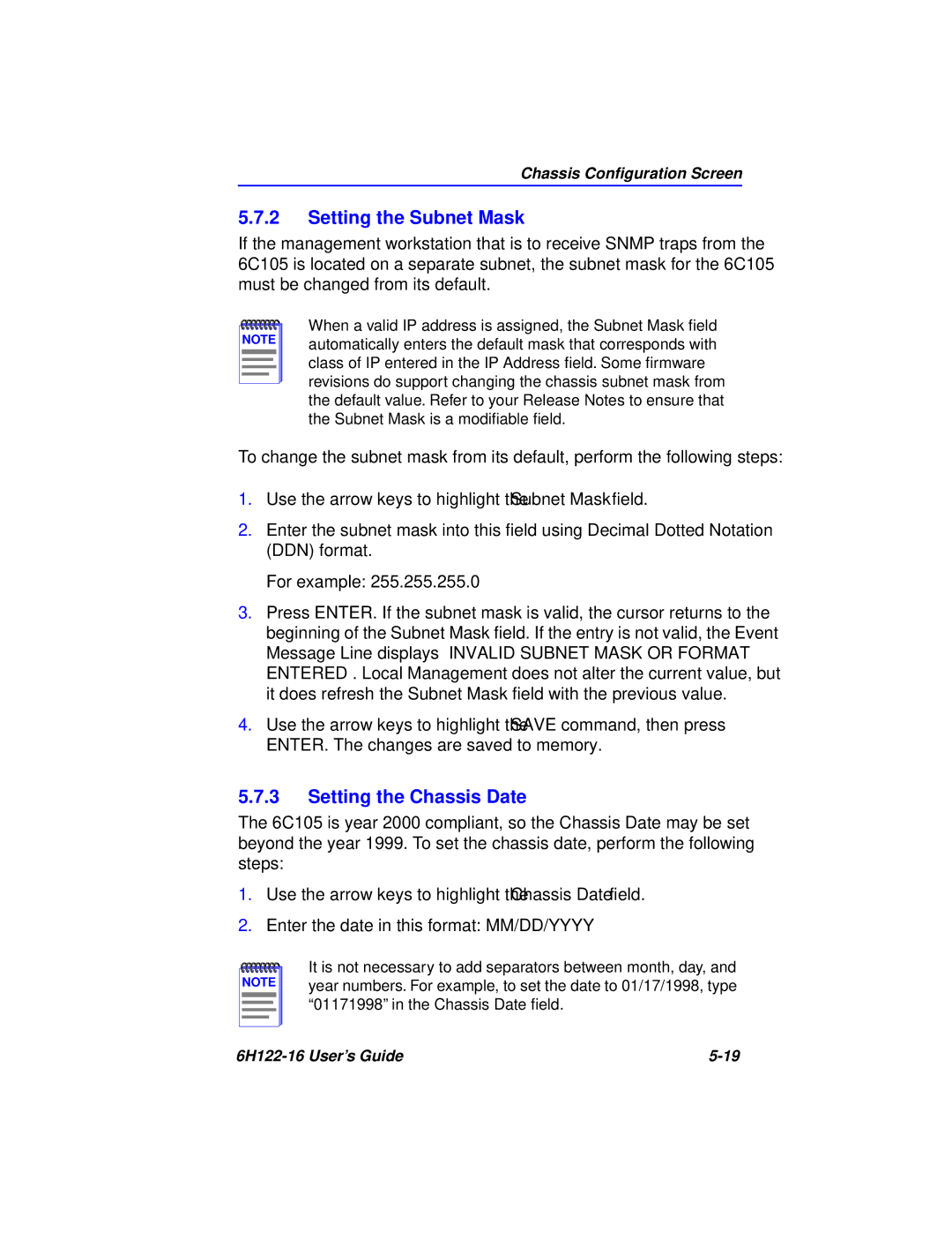 Cabletron Systems 6H122-16 manual Setting the Subnet Mask, Setting the Chassis Date 