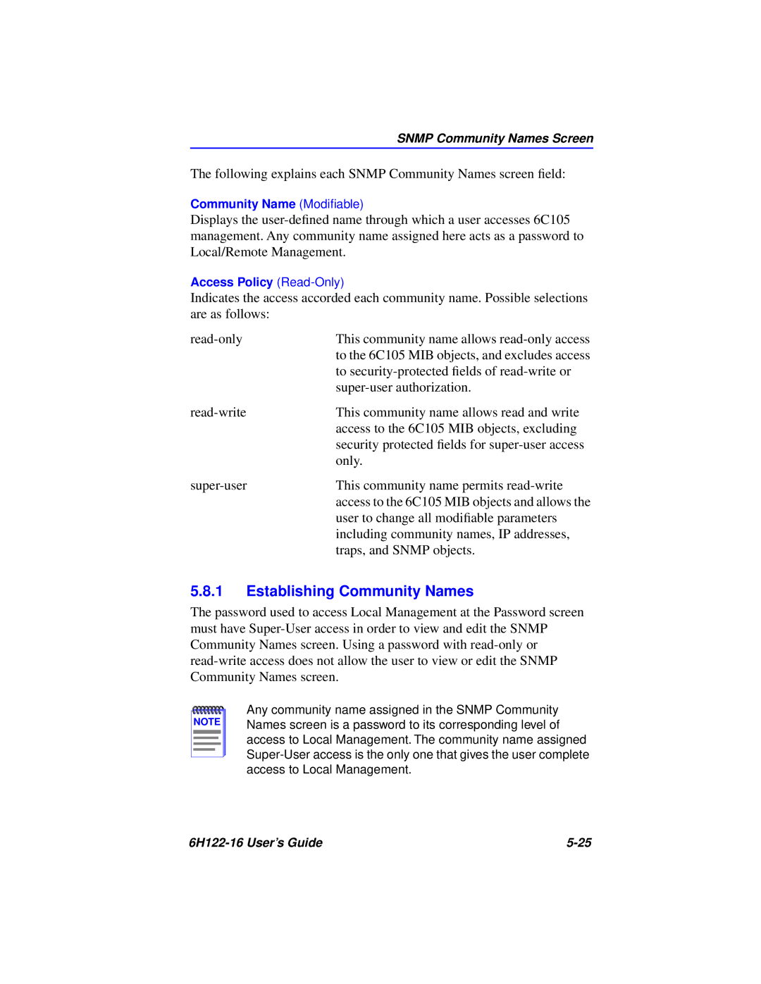 Cabletron Systems 6H122-16 manual Establishing Community Names, Snmp Community Names Screen 