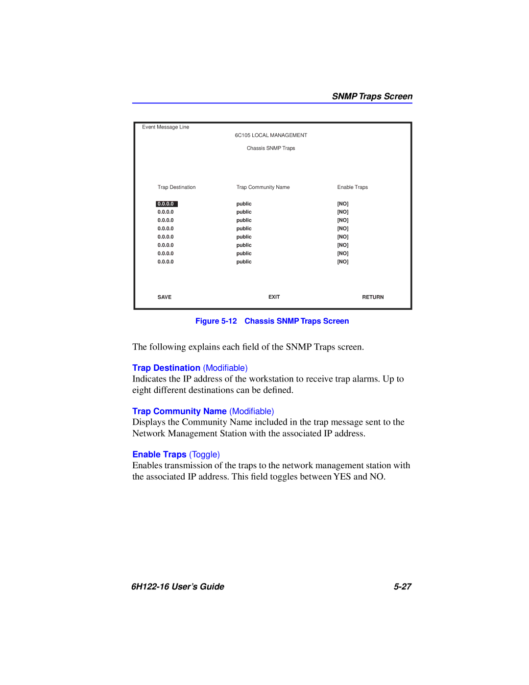 Cabletron Systems 6H122-16 manual Chassis Snmp Traps Screen 