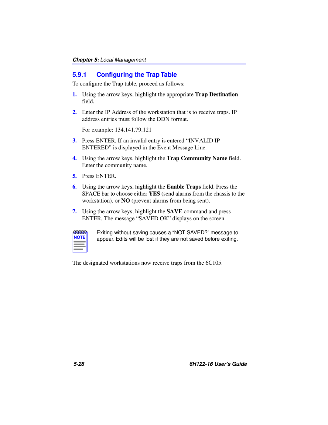 Cabletron Systems 6H122-16 manual 1 Conﬁguring the Trap Table 