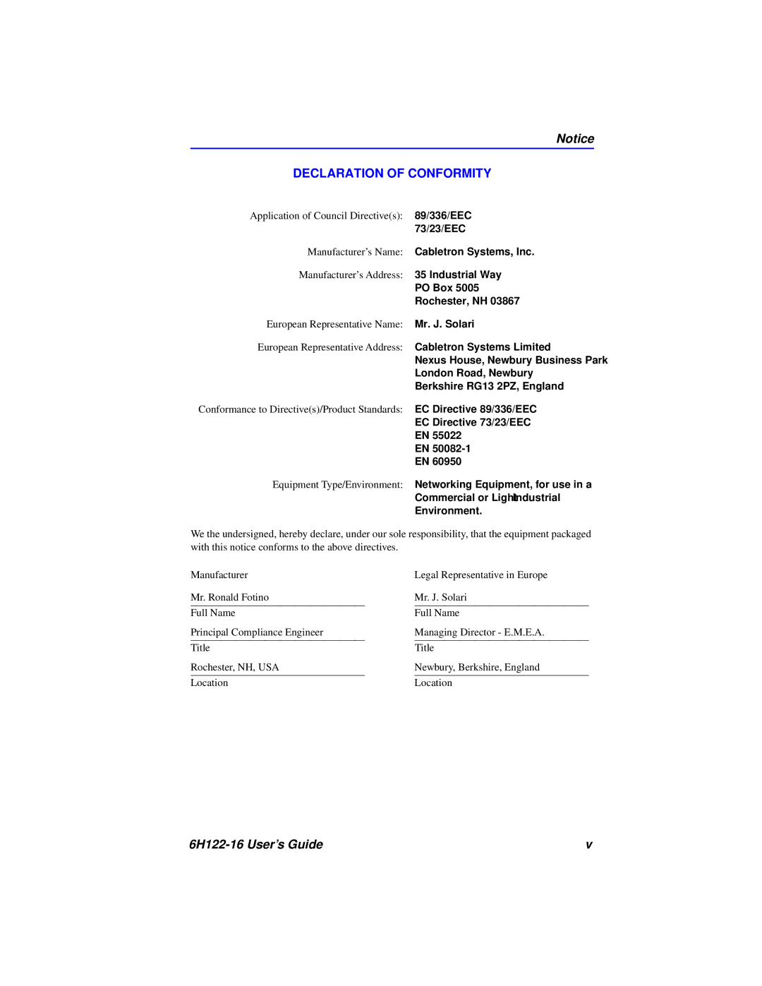 Cabletron Systems 6H122-16 manual Declaration of Conformity 