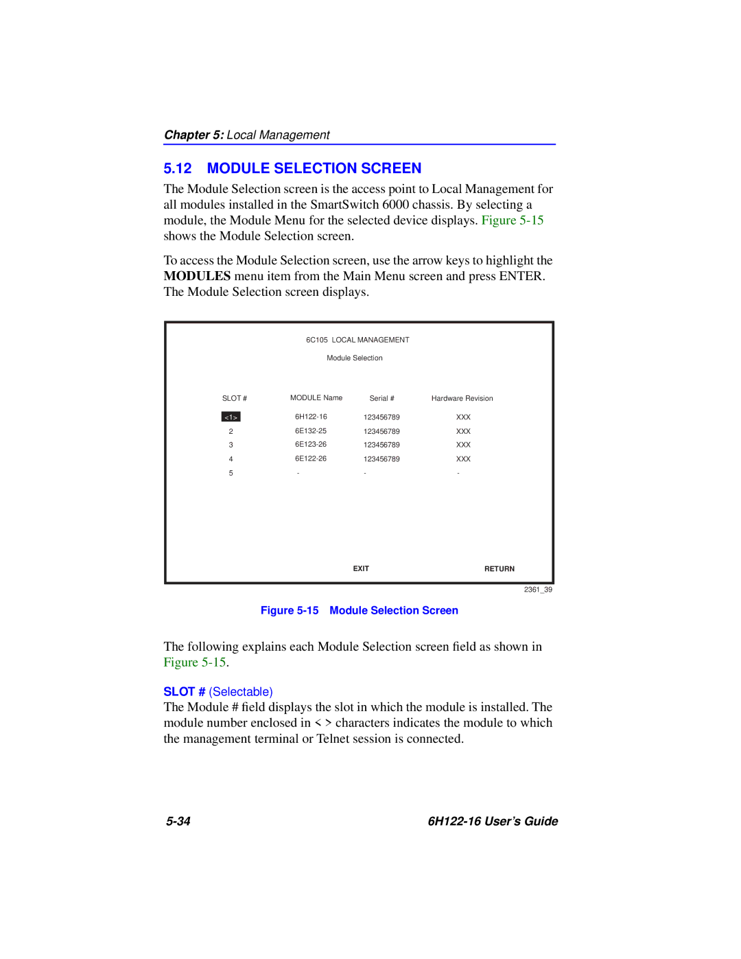 Cabletron Systems 6H122-16 manual Module Selection Screen 