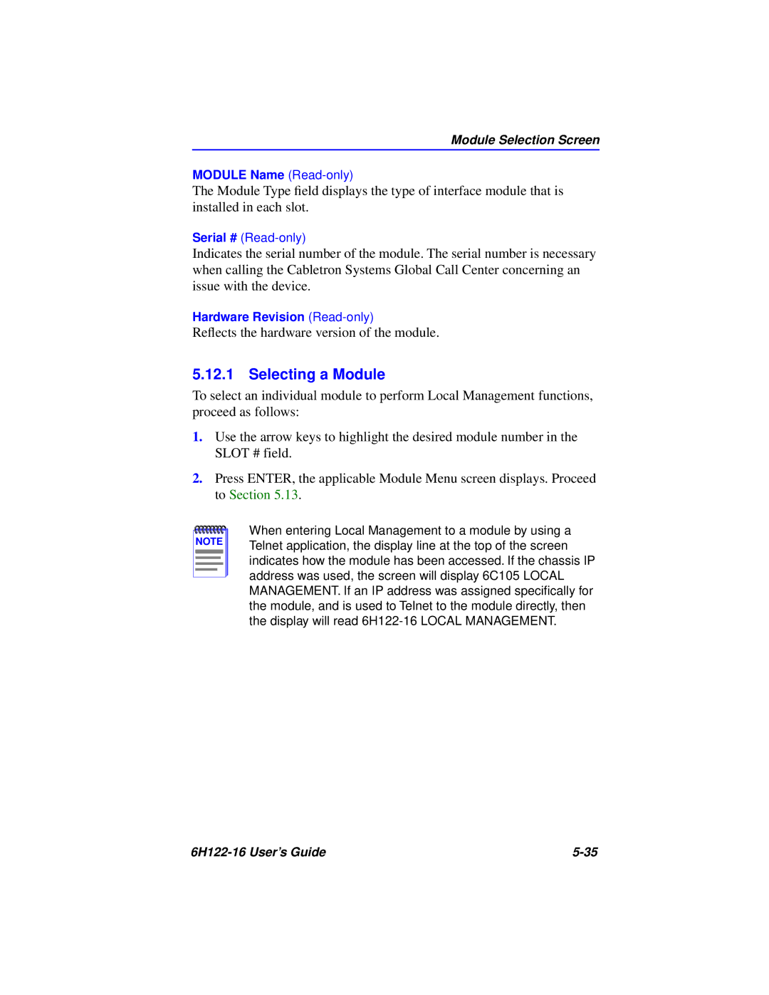 Cabletron Systems 6H122-16 manual Selecting a Module, Module Selection Screen 