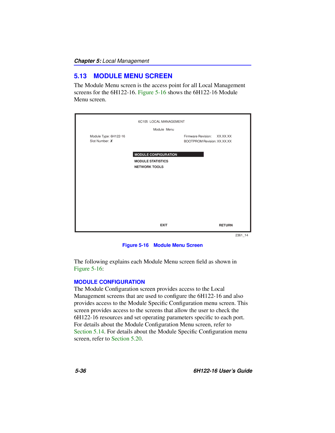 Cabletron Systems 6H122-16 manual Module Menu Screen 