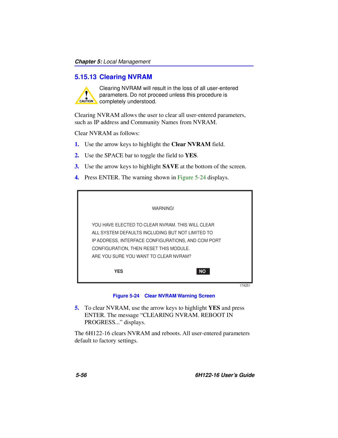 Cabletron Systems 6H122-16 manual Clearing Nvram, Clear Nvram Warning Screen 