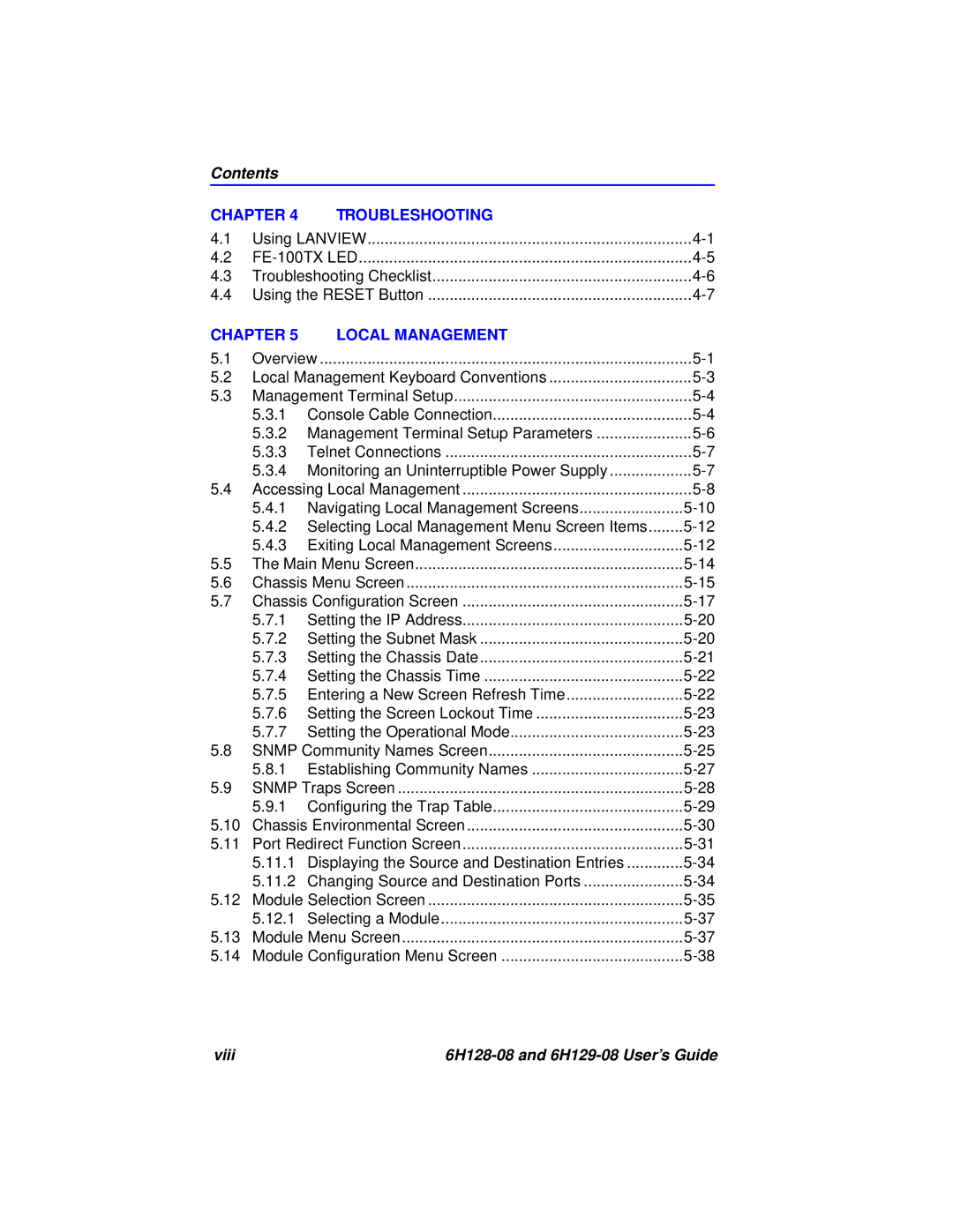 Cabletron Systems manual Contents, Viii 6H128-08 and 6H129-08 User’s Guide 