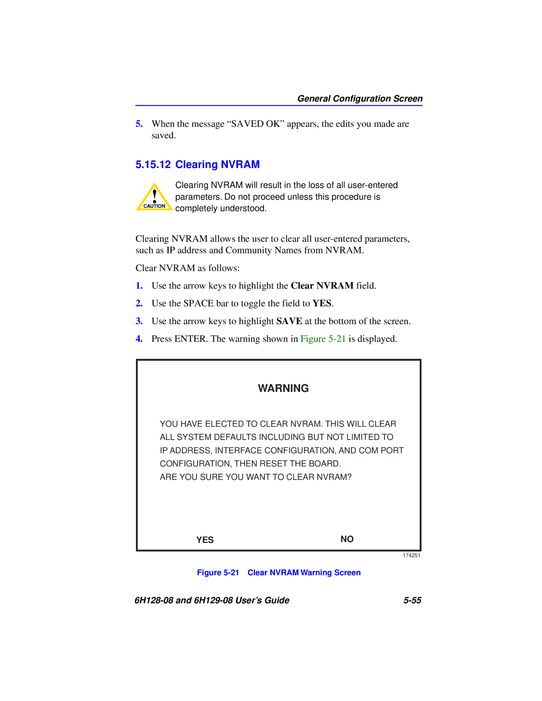 Cabletron Systems 6H128-08, 6H129-08 manual Clearing Nvram, Clear Nvram Warning Screen 