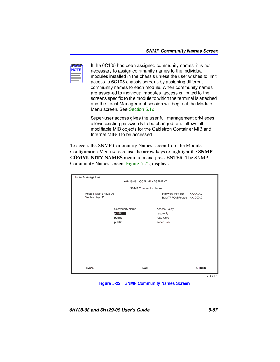 Cabletron Systems 6H128-08, 6H129-08 manual Snmp Community Names Screen 