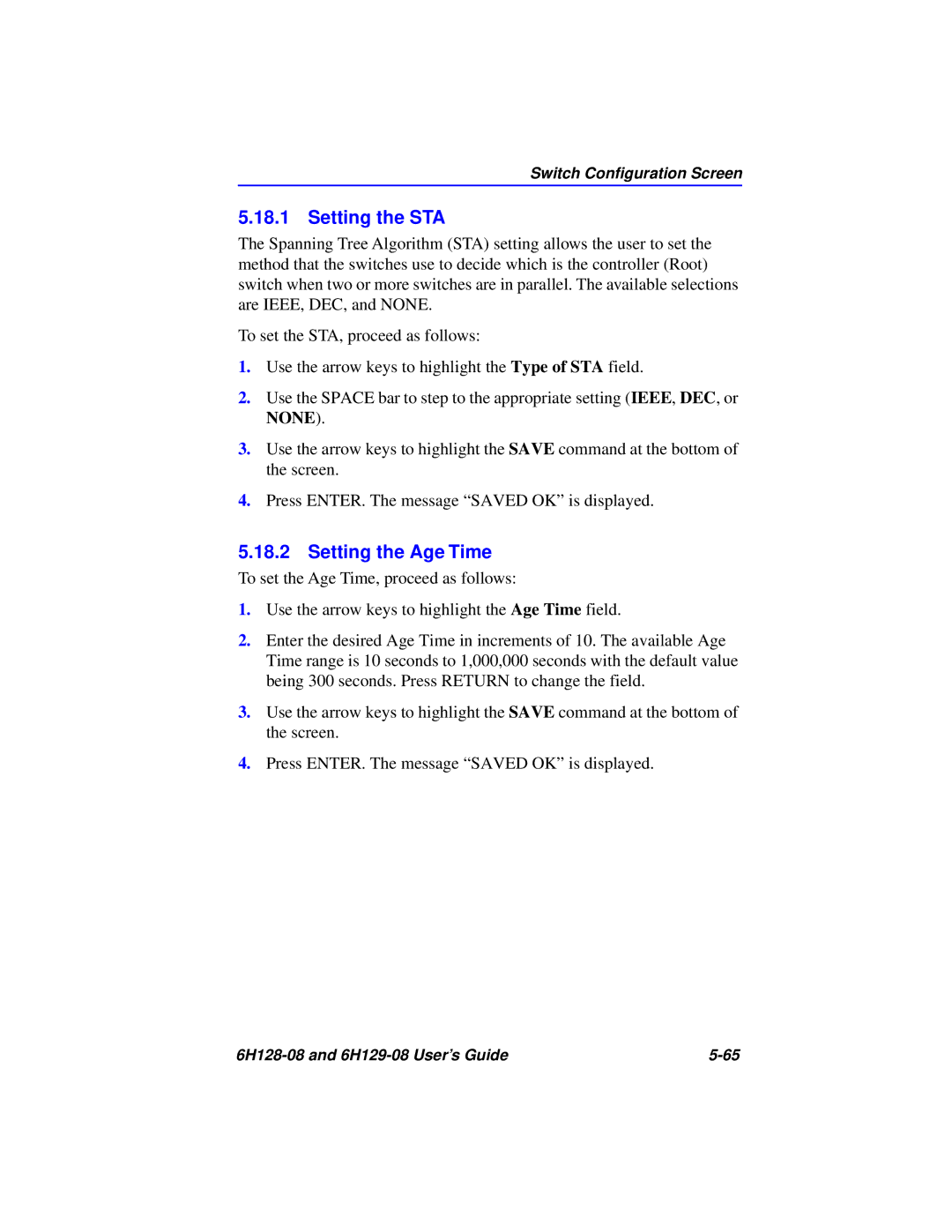 Cabletron Systems 6H128-08, 6H129-08 manual Setting the STA, Setting the Age Time 