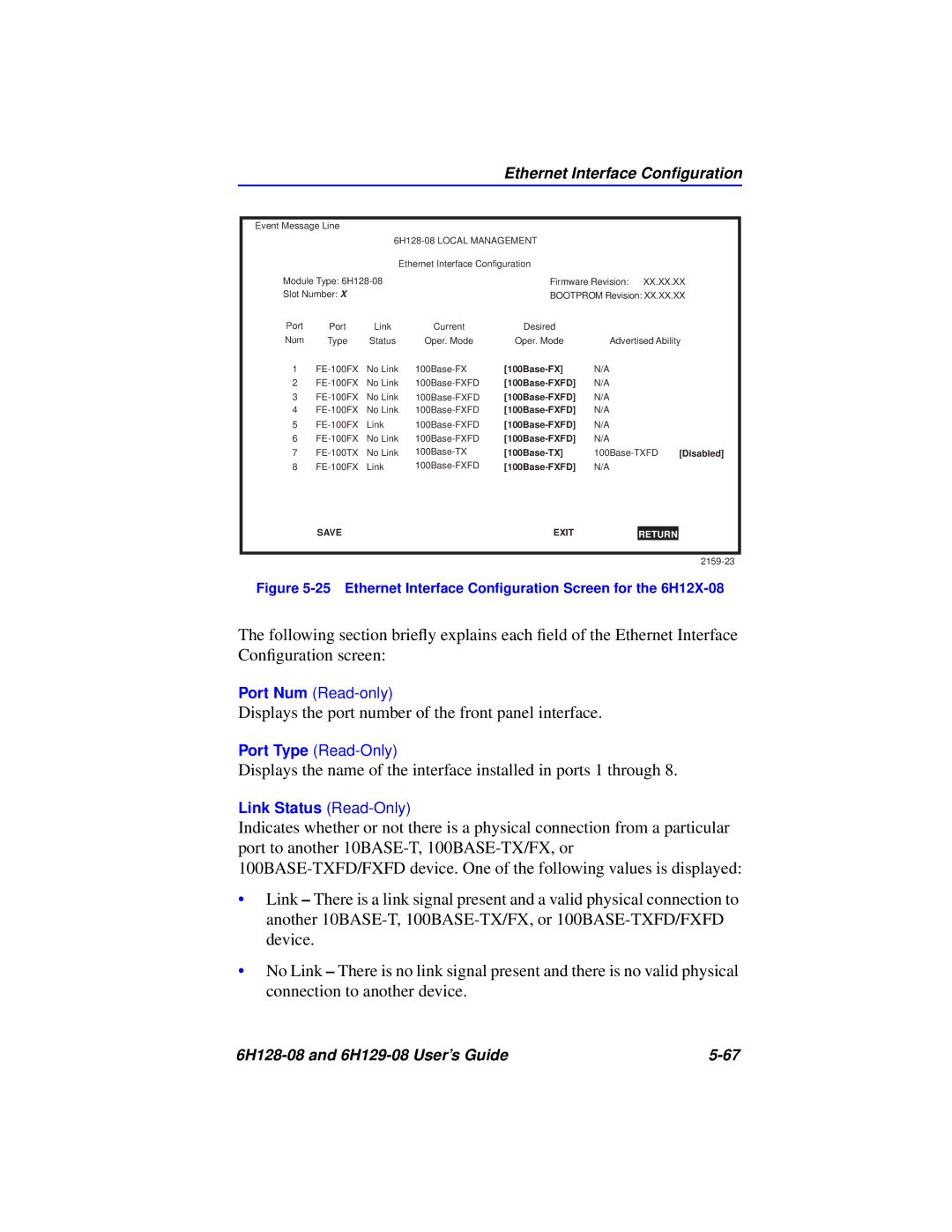 Cabletron Systems 6H128-08, 6H129-08 manual Ethernet Interface Conﬁguration Screen for the 6H12X-08 