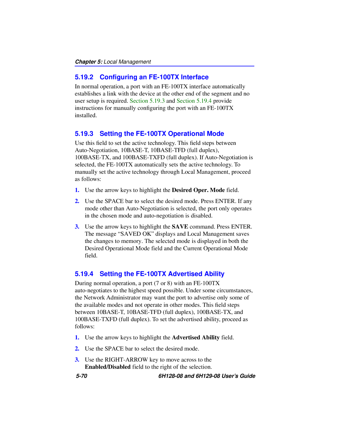 Cabletron Systems 6H129-08, 6H128-08 manual 19.2 Conﬁguring an FE-100TX Interface, Setting the FE-100TX Operational Mode 