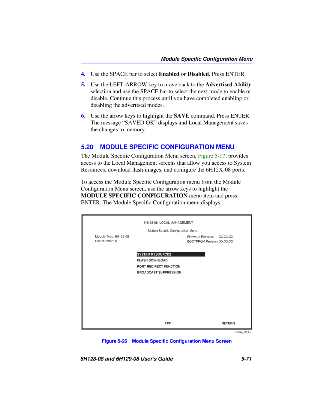 Cabletron Systems 6H128-08, 6H129-08 manual Module Specific Configuration Menu, Module Speciﬁc Conﬁguration Menu 